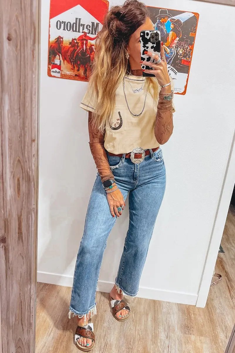 Apricot RODEO Horseshoe Embroidered Patch Pocket T Shirt - Love Salve